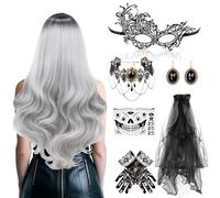 Sunwuun Perruque pour femme grise Steampunk - Costume de sorcière pour femme - Perruque de carnaval avec bijoux gothiques - Masque en dentelle - Voile - Tatouage du visage - Pour Halloween, carnaval