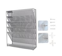 Sunxtzyl 5 - Tier Wall File Organizer in Iron Mesh, Silver Vertical File Holder with Hooks, Space - Saving Office Storage Rack for Documents Magazines Manuals