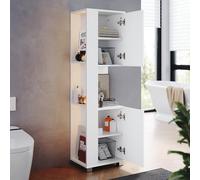 SUNXURY Armoire de salle de bain étroite avec barre lumineuse LED, étagères réglables, compartiments ouverts, pour salle de bain, salon, salle à manger, 40 x 30 x 138 cm, blanc
