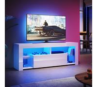 SUNXURY Meuble TV bas à LED blanc 140 cm avec 16 couleurs d'éclairage LED et étagères en verre brillant 140 x 35 x 50,5 cm