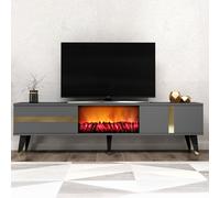 SUNY - Meuble TV sur pieds avec cheminée LED 150cm gris anthracite et détails dorés