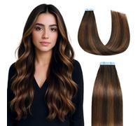 Sunya Lot de 20 extensions de cheveux humains à bande adhésive, naturelles, lisses, balayage, marron foncé à châtaignon, P2/6/T2, 45 cm, 40 g, 20 pièces/paquet