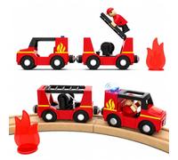 SunZug Camion de Pompiers, Train Enfant 3 4 5 6 7 8 Ans, Circuit Train des Pompiers avec Son et Lumière, Jouet pour Voie Ferrée en Bois Compatible avec Brio Thomas, Cadeau Jouet Enfant Garçons