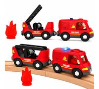 SunZug Camion de Pompiers, Train Enfant 3 4 5 6 7 8 Ans, Circuit Train des Pompiers avec Son et Lumière, Jouet pour Voie Ferrée en Bois Compatible avec Thomas Brio, Cadeau Jouet Enfant Garçons