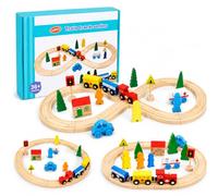 SunZug Circuit Train en Bois Enfant, 33 pièces Ensemble Circuit de Train en Bois pour Tout-Petits, Voiture Compatible avec Brio, Thomas, Jouet Cadeau d’Anniversaire Noël pour Enfants 3+ Ans