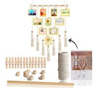 suo long Ensemble de macarame pour débutant pour la fabrication de photos - Cordon en macramé de 3 mm pour accrocher au mur - Collages décoratifs de cadres photo avec 20 clips en bois, bâton en bois