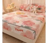 SUOCMG 1 Drap-Housse imprimé en Velours de Lait, Style Mignon, Chaud, Housse antibactérienne pour Matelas, Quatre Coins avec Bande élastique, Taille Queen et King Size, Fleurs, 180 x 200 cm