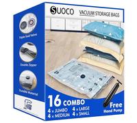 SUOCO Sacs de Rangement Sous Vide 16 Combo avec Pompe à Main de Voyage - Sacs de Compression Étanches Gain de Place pour Vêtements, Literie, Couettes, Sacs Sous Vide pour Maison/Voyage