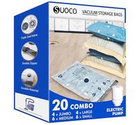 SUOCO Sacs de Rangement Sous Vide 20 Combo avec Pompe Électrique - Sacs de Compression Étanches Gain de Place pour Vêtements, Literie, Couettes, Sacs Sous Vide pour Maison/Voyage