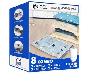 SUOCO Sacs de Rangement Sous Vide 8 Combo avec Pompe Électrique de Compression Étanches Gain de Place pour Vêtements, Literie, Couettes, Sacs Sous Vide pour Maison