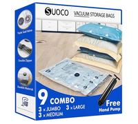 SUOCO Sacs de Rangement Sous Vide 9 Combo avec Pompe à Main de Voyage - Sacs de Compression Étanches Gain de Place pour Vêtements, Literie, Couettes, Sacs Sous Vide pour Maison/Voyage