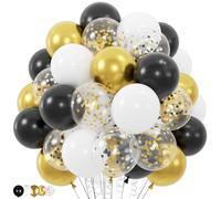 Suoumwa 100 Ballons Dorés, Noirs et Blancs avec Confettis Métalliques Dorés et Noirs de 30 cm pour la Cérémonie de Remise des Diplômes