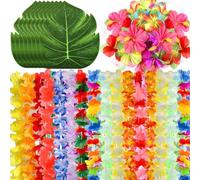 Suoumwa 70 Pièces de Fournitures de Fête Hawaïenne Luau, Colliers de Fleurs Tropicaux, Feuilles de Palmier et Fleurs d'hibiscus pour Anniversaire, Baby Shower, Fête sur la Plage, Piscine