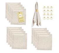 SUPAWAY Pack de 12 serviettes en lin (12 serviettes en coton + 12 Rond de serviette) Set de décoration de table 40x40cm pour événements, mariage, anniversaire, dîner, café, cuisine, restaurant (Beige)