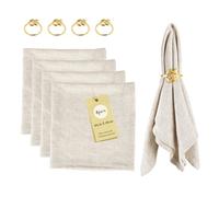 SUPAWAY Pack de 4 Serviettes en Lin (4 Serviettes en Coton + 4 Rond de Serviette), Set de décoration de Table 40x40 cm pour événements, Mariage, Anniversaire, dîner, café, Cuisine, Restaurant (Beige)