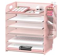 SUPEASY Organisateur de papier à 6 niveaux avec 4 porte-plumes, organisateur de bureau en maille, boîte aux lettres avec poignée, organisateur de dossiers et fichiers pour dossiers A4, or rose