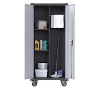 SUPEER Armoire à balais, armoire multi-usages, en métal, avec roulettes, balai, barre de suspension, 180 x 80 x 40 cm, gris argenté