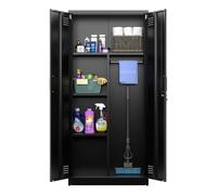 SUPEER Armoire à balais, avec ventilation et fermeture magnétique, multifonction, armoire en acier solide pour aspirateur, produits de nettoyage, linge et accessoires ménagers, 70 x 30 x 165 cm, noire
