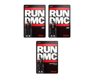 Super 7 DMC Reaction Figures Lot de 3 - Run, Jam Master Jay et DMC. Look classique - Fedoras noirs, chaînes Dookie épaisses et chaussures de tennis blanches.