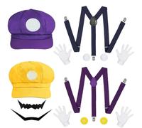 Super Brothers Accessoires de Costume, Deguisement Mario, Super Bros Chapeau Moustache Gants Boutons Bretelles Set, Déguisé Cosplay Super Brothers pour Adultes Enfants Halloween Carnaval