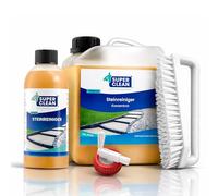 SUPER CLEAN Kit de nettoyage pour pierre 2000 ml + 500 ml + brosse à anse + robinet d'écoulement - Pour terrasse, béton, pierre naturelle et pavés - Élimine la saleté et les dépôts causés par les