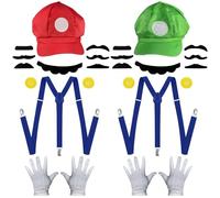 Super Déguisement Mario Luigi Costume Avec Gants, Chapeau Et Moustache - Accessoires de Cosplay Rouge Et Vert pour Adultes Et Enfants