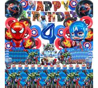 Super-H¿¿Ros Kit F¿ºte Decoration Anniversaire,101 Pi¿¿Ces Anniversaire Vaisselle, 4 Ans Ballon Aluminium D'anniversaire Deco, Nappe Banni¿¿Re D¿¿Coration Serviette Tasse Assiette Kit
