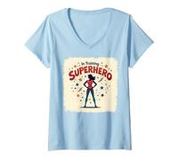 Super-héros en Formation, Style de Bande dessinée rétro autonomisant Les Femmes T-Shirt avec Col en V, Femme, Bleu Céleste, XL