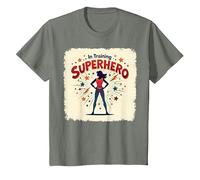 Super-héros en Formation, Style de Bande dessinée rétro autonomisant Les Femmes T-Shirt, Enfant, Vert Kaki chiné, 8 Ans