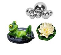 Super Idee Mini Bassin décoratif Grenouille Flottante avec 6 Boules argentées et 2 Fleurs de Lotus pour Mini étang de terrasse Fontaine Solaire pour Jardin (Grenouille sur pneus)