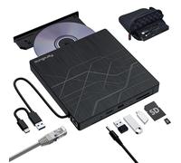 Super Lecteur DVD Externe pour PC, USB 3.0 Type C Graveur CD RW /ROM Drive avec adaptateur Ethernet, CD DVD Player Externe Portable avec Lecteur de Carte SD/TF et Ports USB avec Étui de Transport