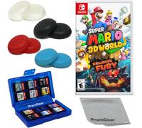 Super Mario 3D World + Bowser's Fury pour Nintendo Switch, avec poignées de pouce PremGear (lot de 8, noir, bleu, rouge et transparent), porte-cartes de jeu à 24 emplacements et chiffon de nettoyage