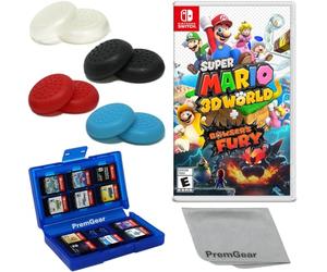 Super Mario 3D World + Bowser's Fury pour Nintendo Switch, avec poignées de pouce PremGear (lot de 8, noir, bleu, rouge et transparent), porte-cartes de jeu à 24 emplacements et chiffon de nettoyage