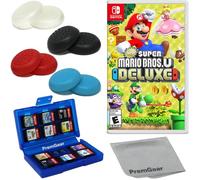 Super Mario Bros. U Deluxe pour Nintendo Switch (version américaine), avec poignées de pouce PremGear (lot de 8, noir, bleu, rouge et transparent), porte-cartes de jeu à 24 emplacements et chiffon de