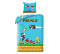 Parure de Lit Super Mario Bleue, Housse de Couette 140x200 cm + Taie d'oreiller, 100% Polyester