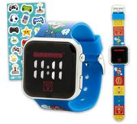 Super Mario Montre pour enfants - Ensemble avec montre numérique LCD pour enfants avec bracelet et autocollants | Montre Mario facile à lire pour garçons