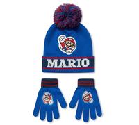 Super Mario Nintendo Ensemble Bonnet et Gants pour Garçons | Bonnet à Pompon Bleu et Rouge Tricoté pour Enfants | Chauffe-Tête et Mains à Rayures avec Insignes des Personnages de Mario Jeu Vidéo
