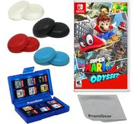 Super Mario Odyssey pour Nintendo Switch (version américaine), avec poignées de pouce PremGear (lot de 8, noir, bleu, rouge et transparent), porte-cartes de jeu à 24 emplacements et chiffon de