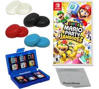 Super Mario Party Jamboree pour Nintendo Switch (version américaine), avec poignées de pouce PremGear (lot de 8, noir, bleu, rouge et transparent), porte-cartes de jeu à 24 emplacements et chiffon de