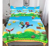 Super Mario Parure De Lit en Microfibre avec Housse De Couette Imprimée en 3D, Cartoon Movie Housse De Couettes pour Enfant, Style 3 Pièces, avec Taie d'oreiller, Double（200x200cm）