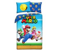 Super Mario avec Luigi Toad Princesse Daisy - Parure de lit Housse de couette 140 x 200 cm + taie d'oreiller 70 x 90 cm - Réversible - 100 % polyester - Bleu clair