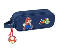 Super Mario Trick Trousse Double pour Enfant, idéale pour Les Enfants d'âge Scolaire, Confortable et Polyvalente, qualité et résistance, 21 x 6 x 8 cm, Bleu foncé/Rouge, M, Décontracté