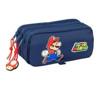 Super Mario Trick - Trousse Triple Grande Trousse pour Enfant, idéale pour Les Enfants d'âge Scolaire, Confortable et Polyvalente, qualité et résistance, 21,5 x 8 x 10 cm, Bleu foncé/Rouge, M,