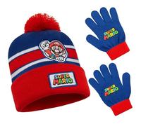 Super Mario Vêtement Accessoires d'Hiver Garcon 6-14 Ans, 2 Pcs Bonnet et Gants ou 3 Pièces Ensemble Bonnet Echarpe Gant (6-14 Ans, Rouge/Bleu, 2 Pcs)