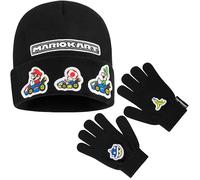 Super Mario Vêtement Accessoires d'Hiver Garcon 6-14 Ans, 2 Pcs Bonnet et Gants ou 3 Pièces Ensemble Bonnet Echarpe Gant (6-14 Ans, Noir, 2 Pcs)