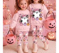 Super mignon citrouille d'Halloween rose & noir, petit fantôme à motif pois, "Hey Bootiful" ensemble sweat-shirt ample à col rond doux et leggings pour bébé fille, style décontracté, automne/hiver, qu