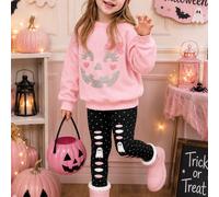 Super mignon ensemble Sweat-shirt ample à col rond et legging rose & noir avec motif citrouille d'Halloween, petit fantôme à pois, "Hey Bootiful" pour jeune fille, style décontracté doux, automne/hive