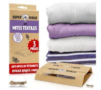 Super Ninja Anti Mites Textiles - Pack de 3, Puissant, Non Toxique, avec Phéromone, Protège Vêtements, Tapis, Tiroirs, Efficace Jusqu’à 3 Mois