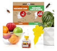 Super Ninja Anti Moucherons Intérieur - 2 Piege Moucherons Cuisine + 10 Attrape Moucheron Terreau, sans Toxines, Sûr pour Enfants et Animaux, Jusqu’à 3 Mois de Protection