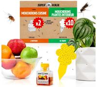 Super Ninja Anti Moucherons Intérieur - 2 Piege Moucherons Interieur + 10 Attrape-Insectes pour Plantes, sans Toxines, Sûr pour Enfants et Animaux, Jusqu`à 3 Mois de Protection